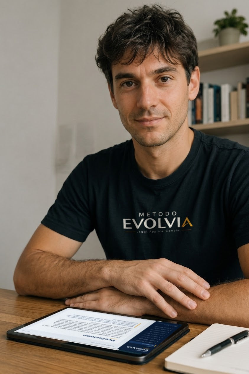 Una persona con la maglietta Metodo Evolvia, seduta a un tavolo con un tablet e un quaderno